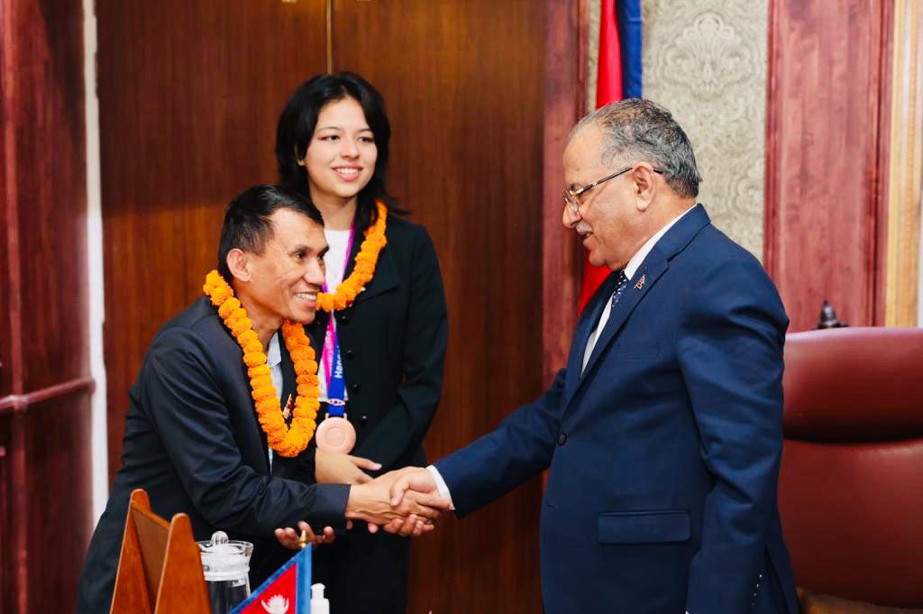 Update Image of On November 1, 2023, Palesha Goverdhan, after winning a bronze medal in the Asian Games, was congratulated by Honorable Prime Minister Pushpa Kamal Dahal (Prachanda) .